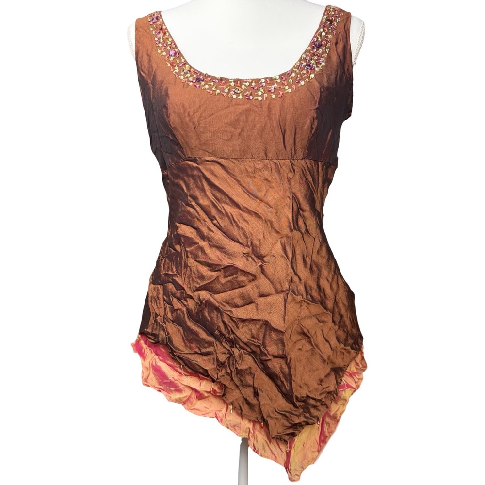 Y2K Fairy Grunge Beaded Handkerchief Hem Silk Tank Top Boho Brown Small